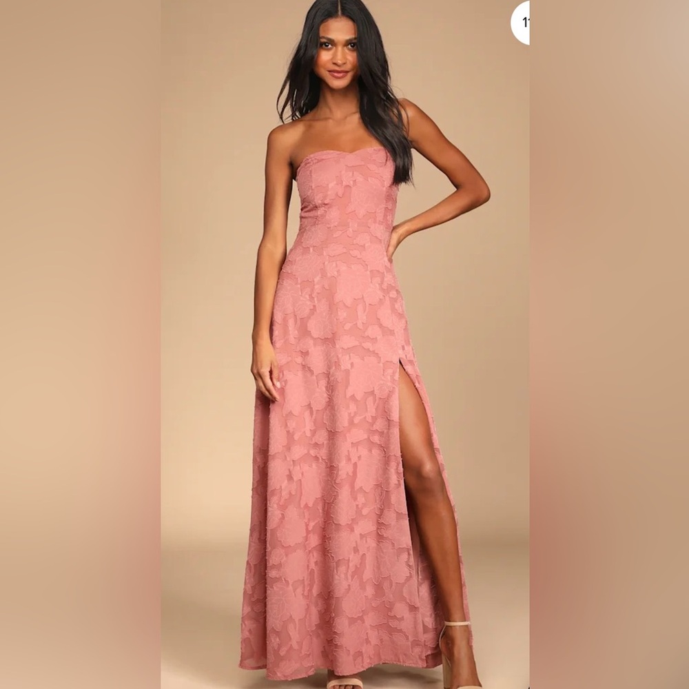Lulu's Blush Strapless Lace Maxi Dress